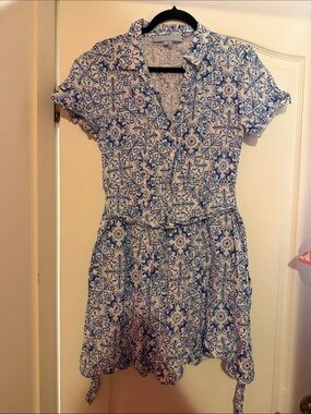 Hill House Blue and White Printed Tie-Waist Mini Dress